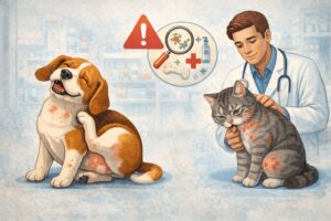 Beagle e gato irritado em clínica (1)
