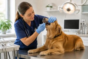 Veterinarian examining and cleaning a dog's teeth at HAB VET clinic in Kyiv