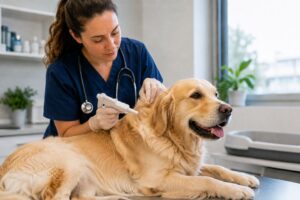 Ветеринар проводить чіпування собаки у клініці HAB VET у Києві